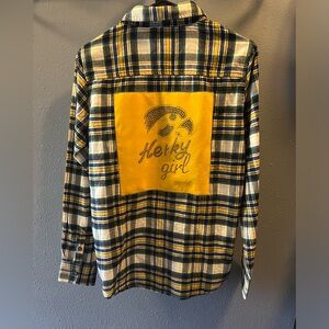Iowa Hawkeyes upcycled flannel shirt.